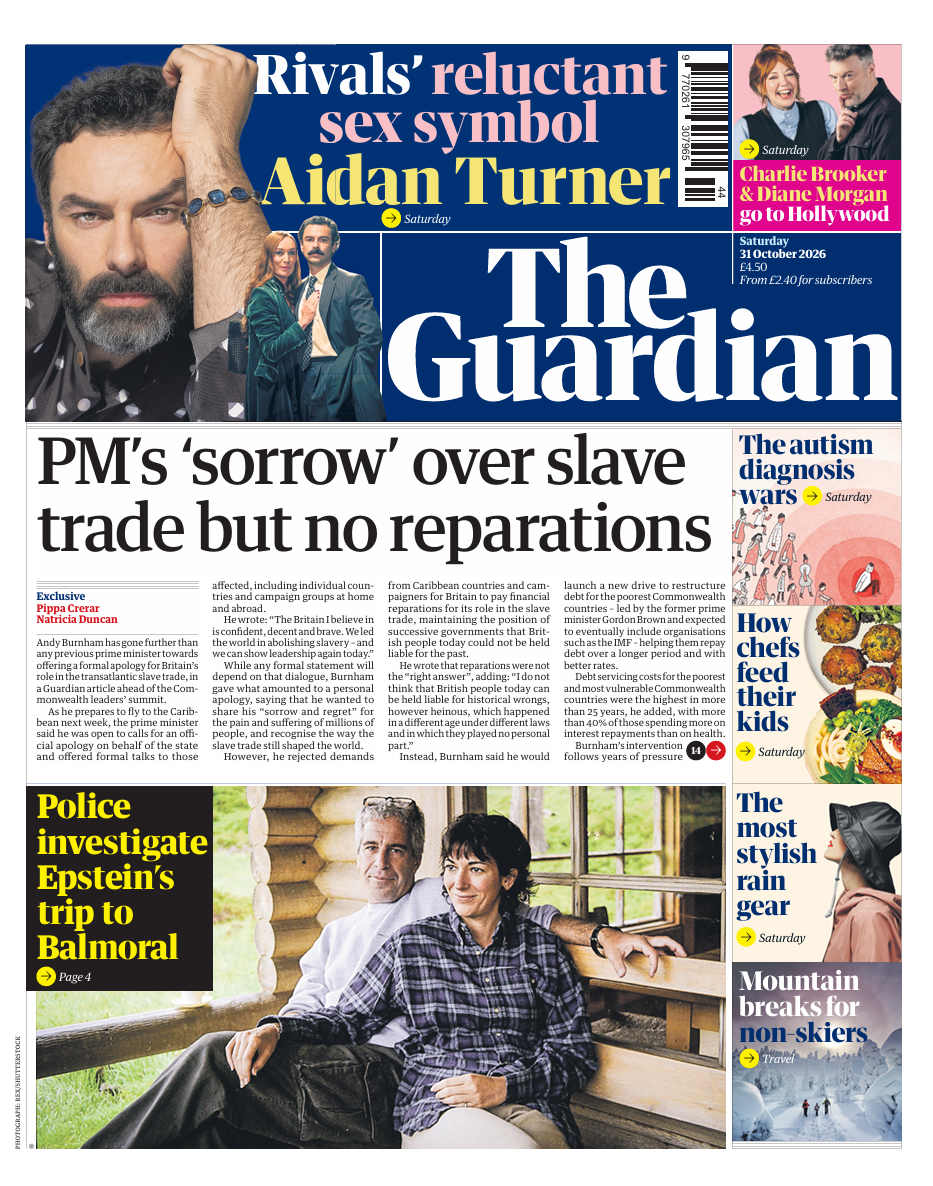 The headline on the front page of the Guardian reads: "PM's 'sorrow' over slave trade but no reparations".