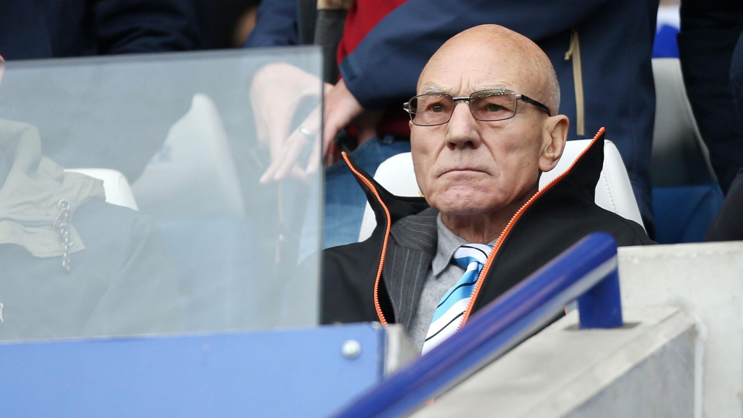 Sir Patrick Stewart watching his beloved Huddersfield Town play Leicester City in 2018