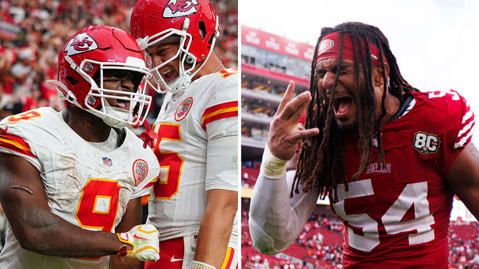 Split image of Kenneth Walker and Fred Warner celebrating during week four of the 2026 NFL season