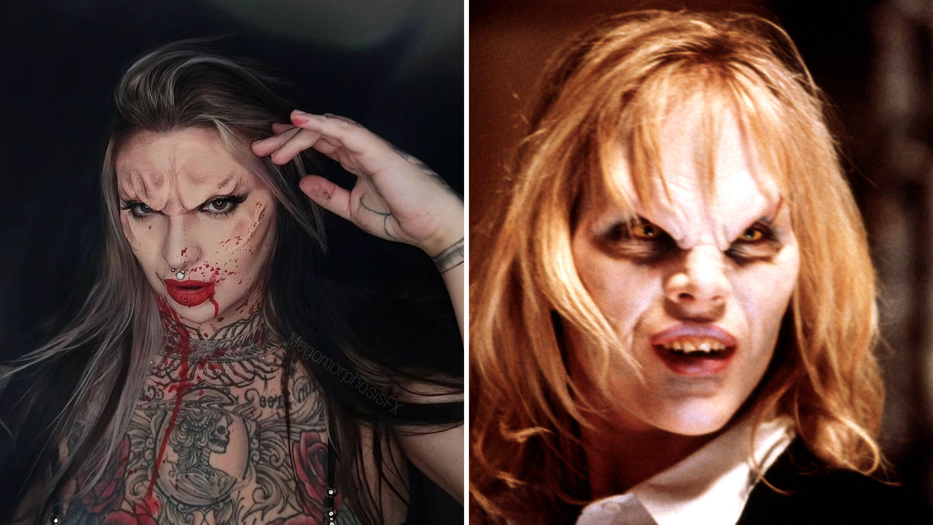 A woman posing for the camera, with her hand up by her temple. She is wearing prosthetics on her forehead, dark eyes and bright red lips and a publicity still from Buffy the Vampire Slayer, series 1.