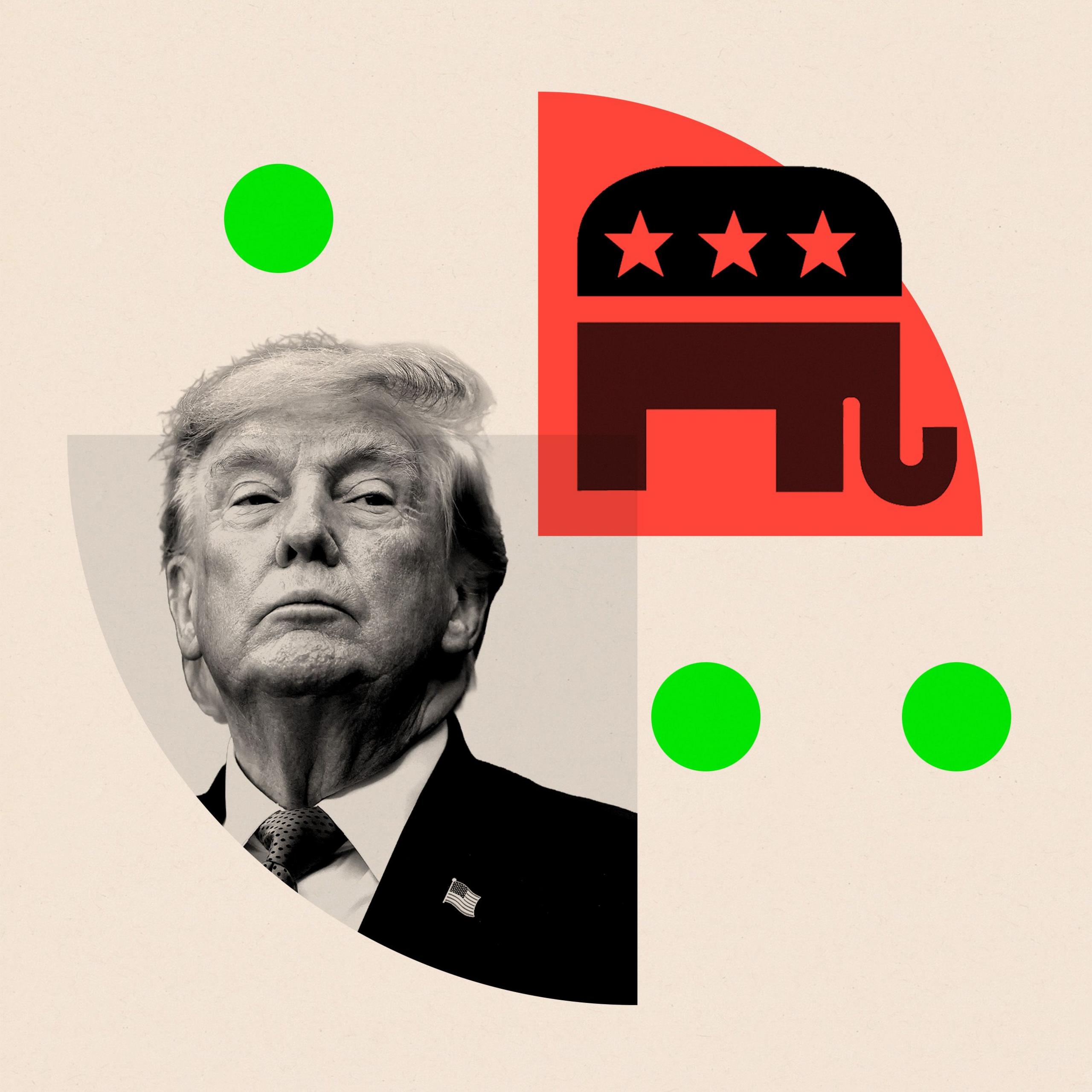 A black and white image of President Trump on the left with an image of the Republican Party elephant logo