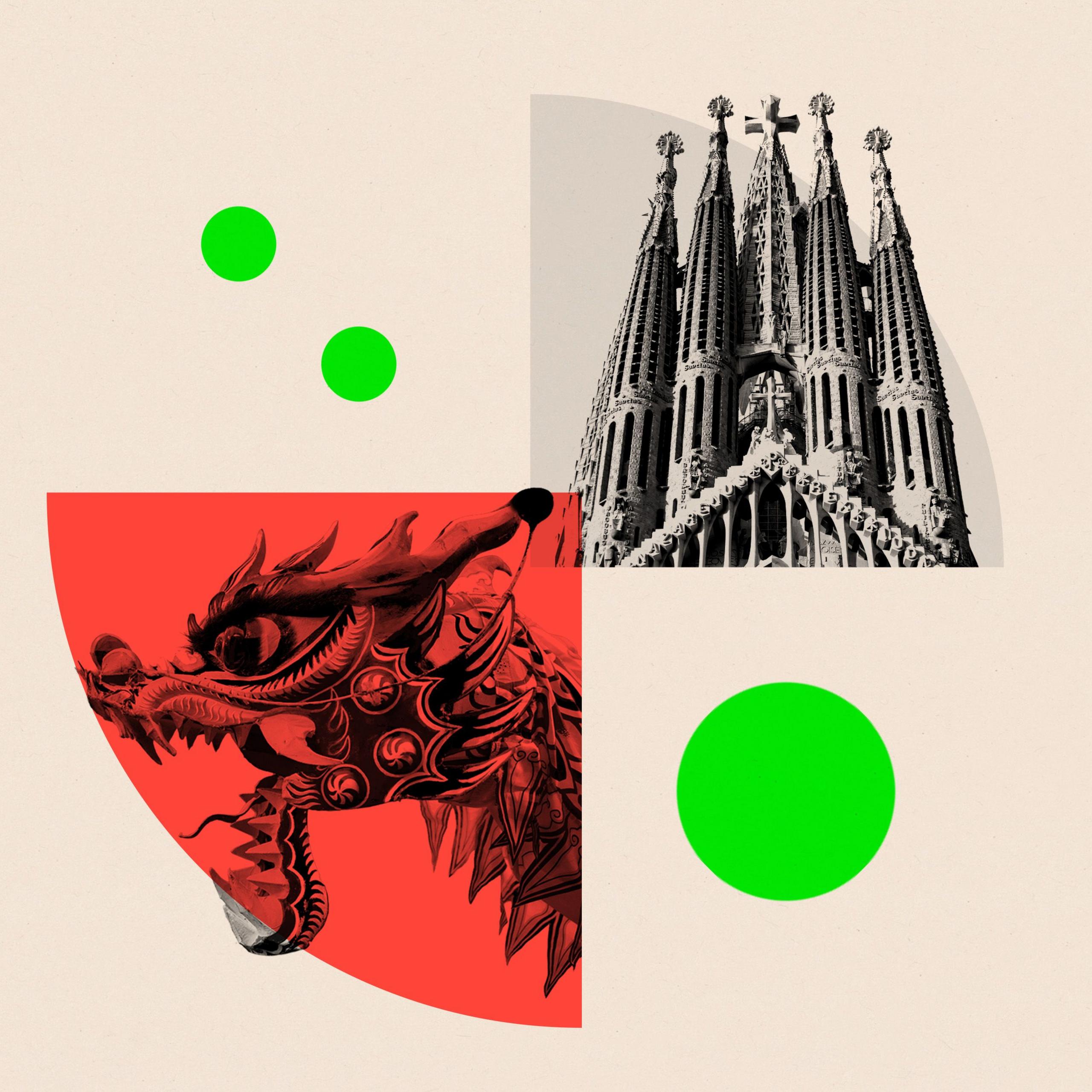 A composite image of Barcelona's Sagrada Familia and a Chinese style dragon