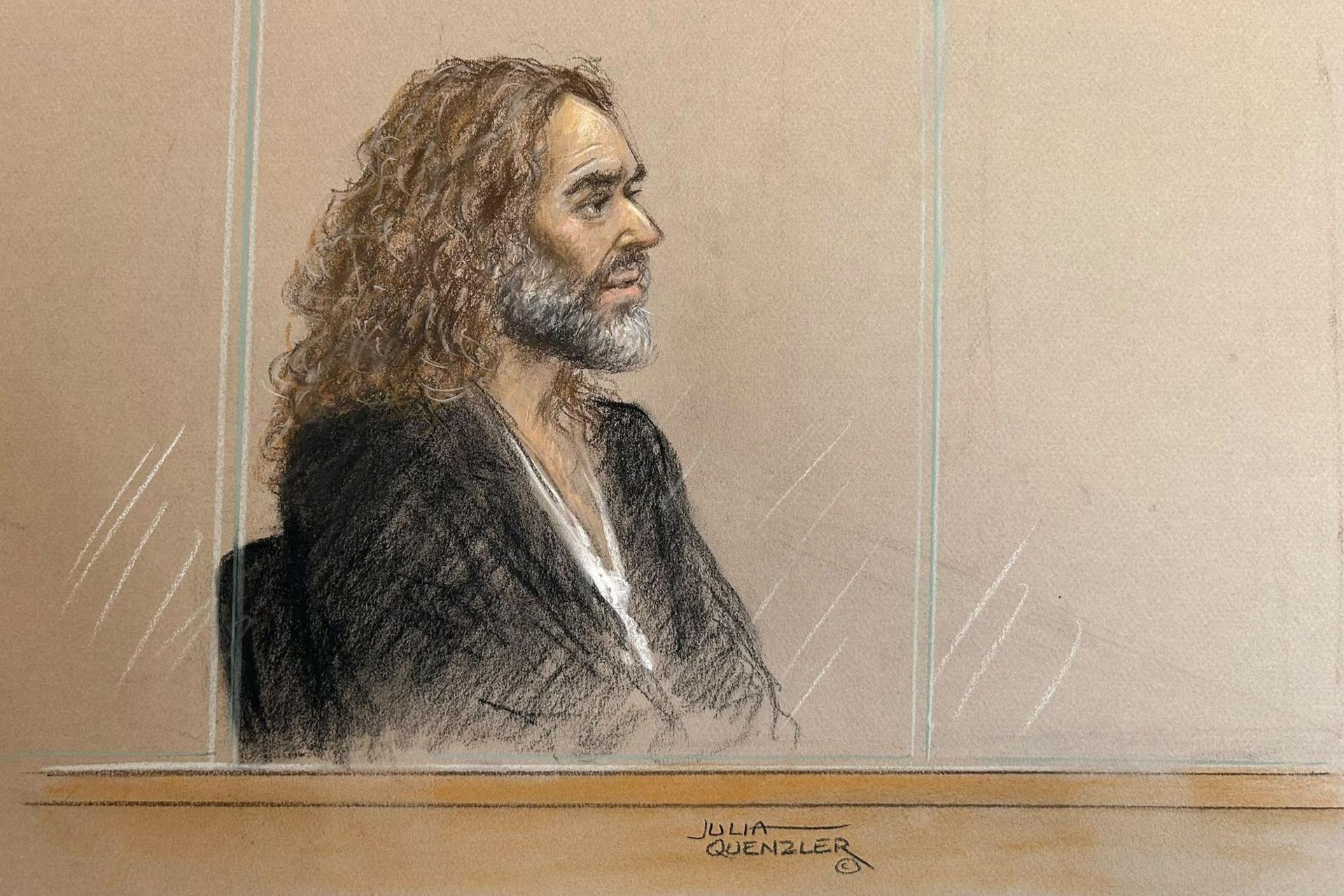A sketch of a side-on view of Brand in a dark suit with open white shirt