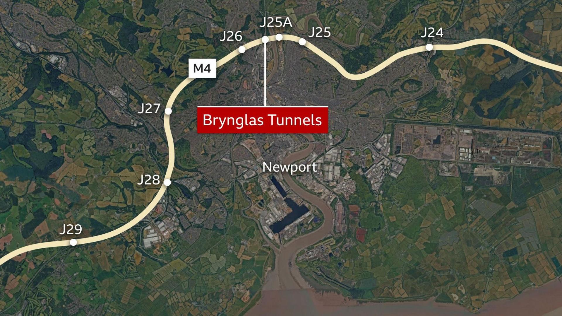 A satellite map of Newport with a white line showing the M4 superimposed over the top, showing the junctions 29 through 24.