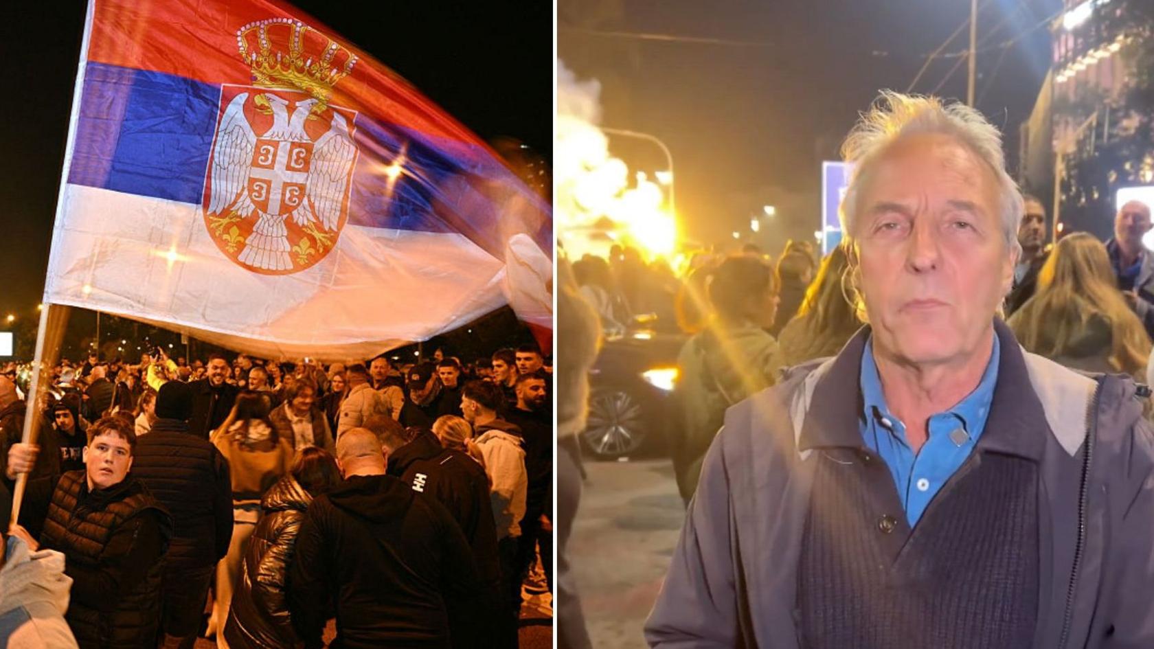 Composite image: (Left) A man holding a Serbian flag in a crowd and (right) BBC correspondent reporting from Belgrade
