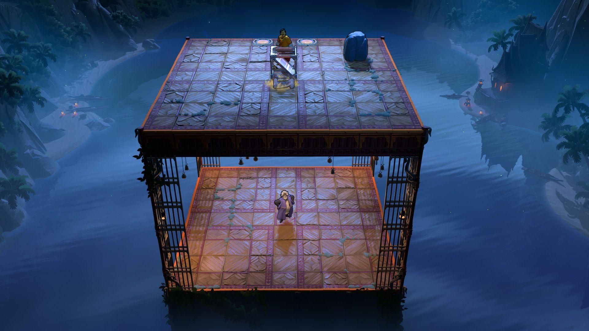 An in-game screenshot of Order of the Sinking Star, showing a large open cube with a brown grid pattern on it, and a character standing in the middle of it. On the top face of the cube is another character and a smaller cube on one grid square. The cube is sitting in water and either side of it are green palm trees.