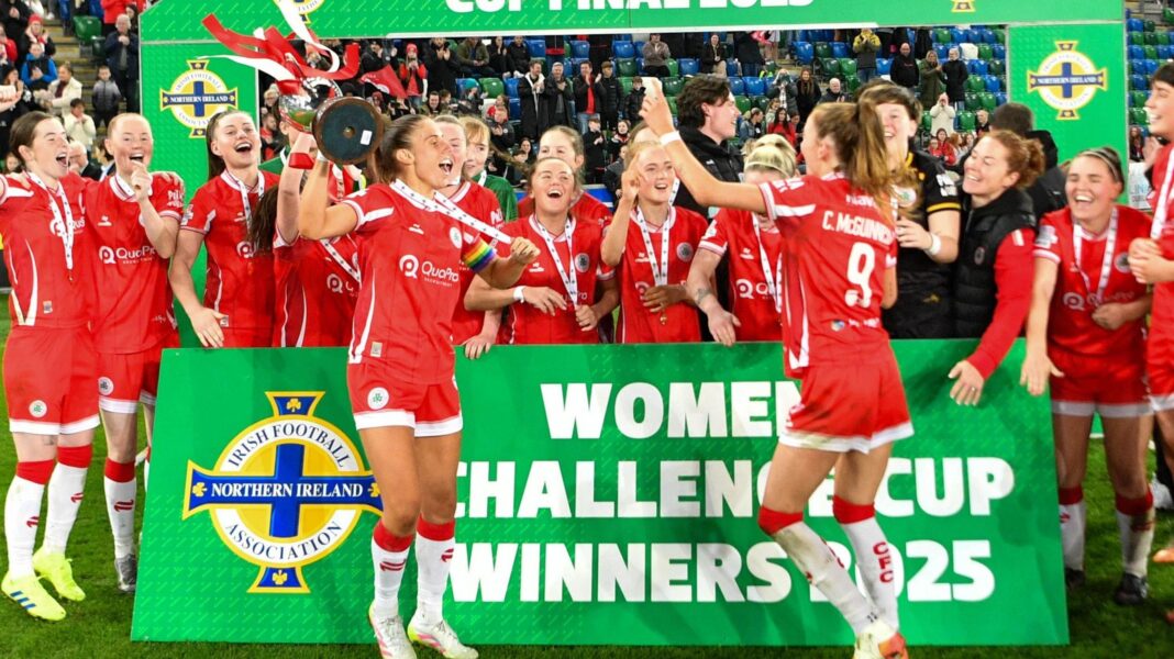 Cliftonville celebrate lifting the Challenge Cup in 2025