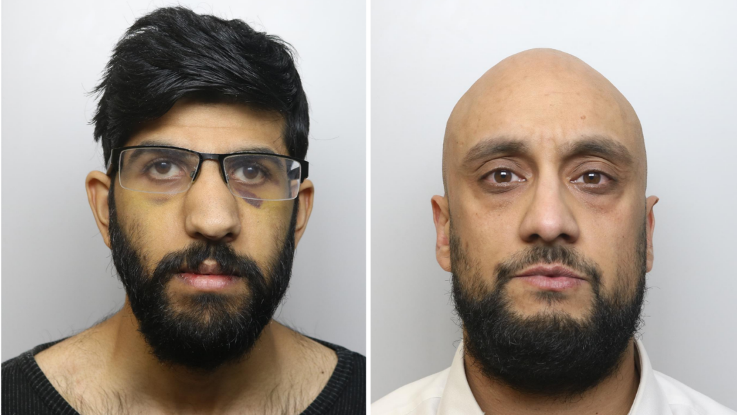 Two men pictured side by side in police mugshots. On the left, the man has spectacles, a dark beard and bruising underneath his eyes. On the right, the man is bald and has a dark beard.