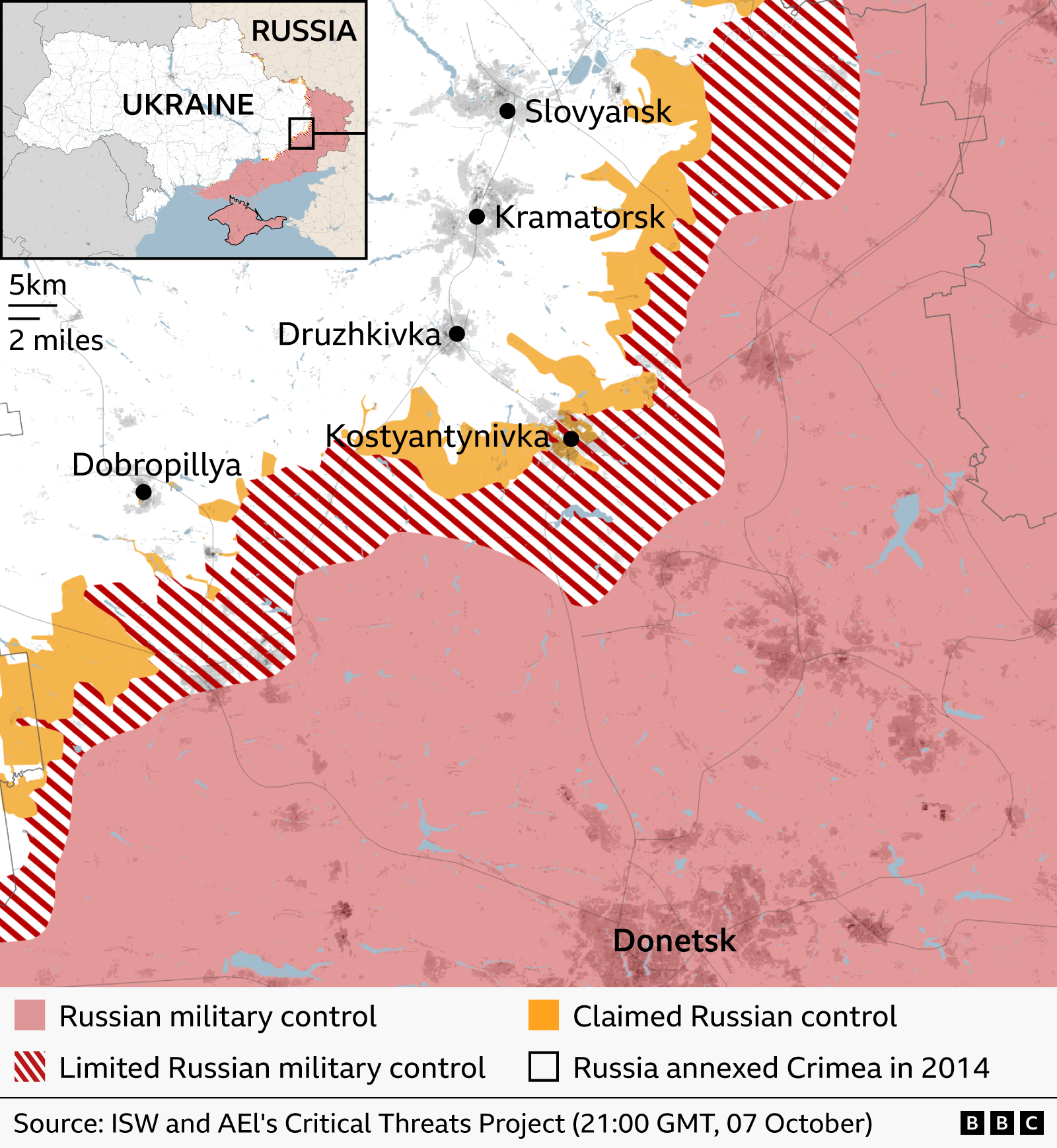 A map showing which parts of Ukraine are under either Russian military control limited Russian control, areas that Russia has claimed control of, and Crimea which was annexed by Russia in 2014.