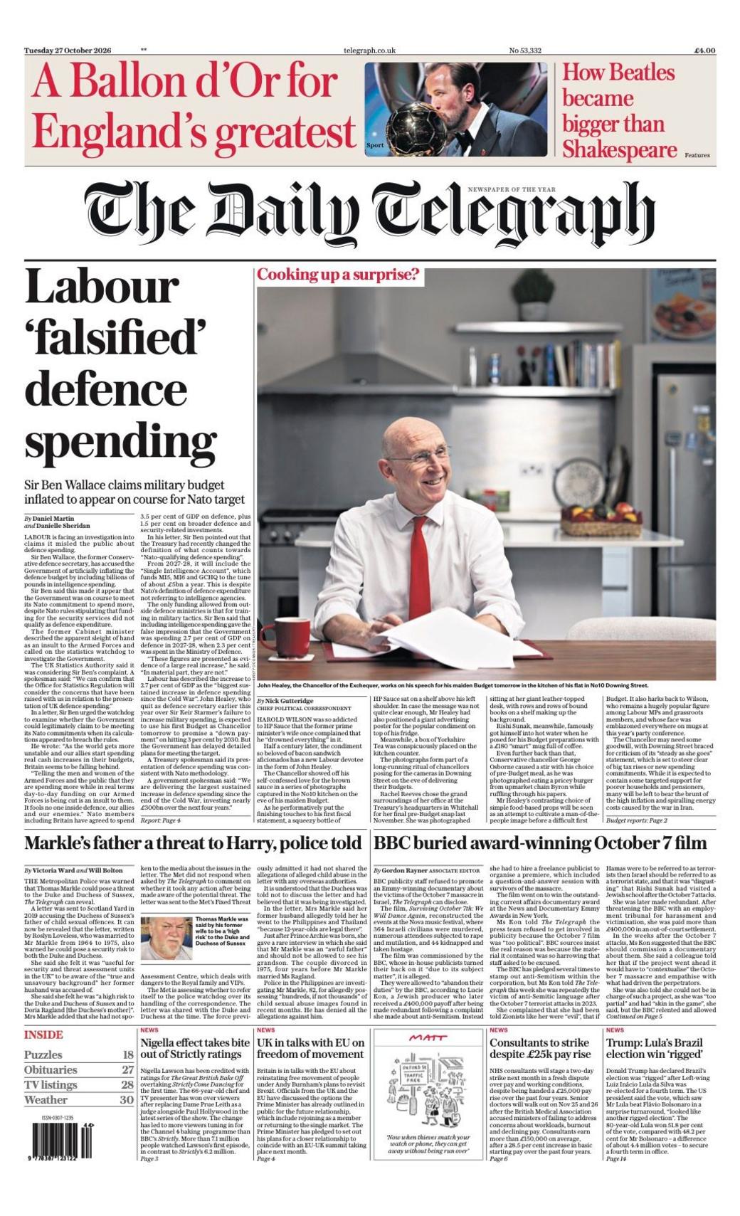 The headline on the front page of the Daily Telegraph reads: “Labour 'falsified' defence spending”.