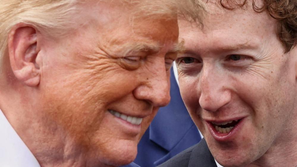 President Donald Trump pictured leaning towards Meta boss Mark Zuckerberg whom he is speaking to.