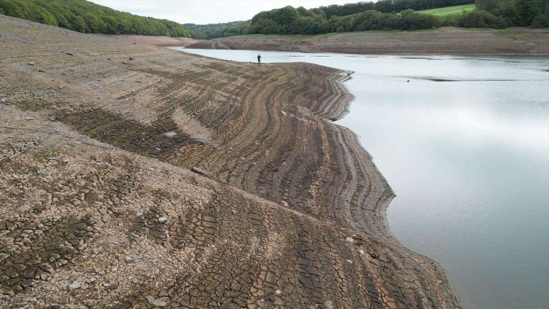 An image of Wimbleball reservoir on Exmoor, which is at just 15% full, significantly lower than usual for the time of year