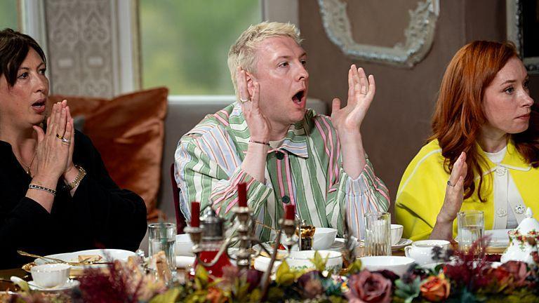 Miranda Hart, Joe Lycett and Hannah Fry at the breakfast table on Celebrity Traitors on Friday