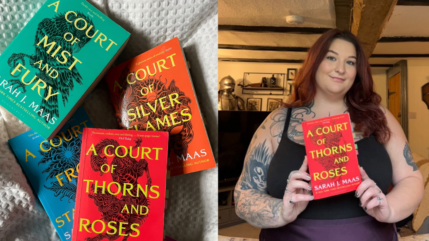 A photo of a woman with red hair smiling and holding a red book with yellow writing on the front cover. She has got tattoos on and a black tank top. 