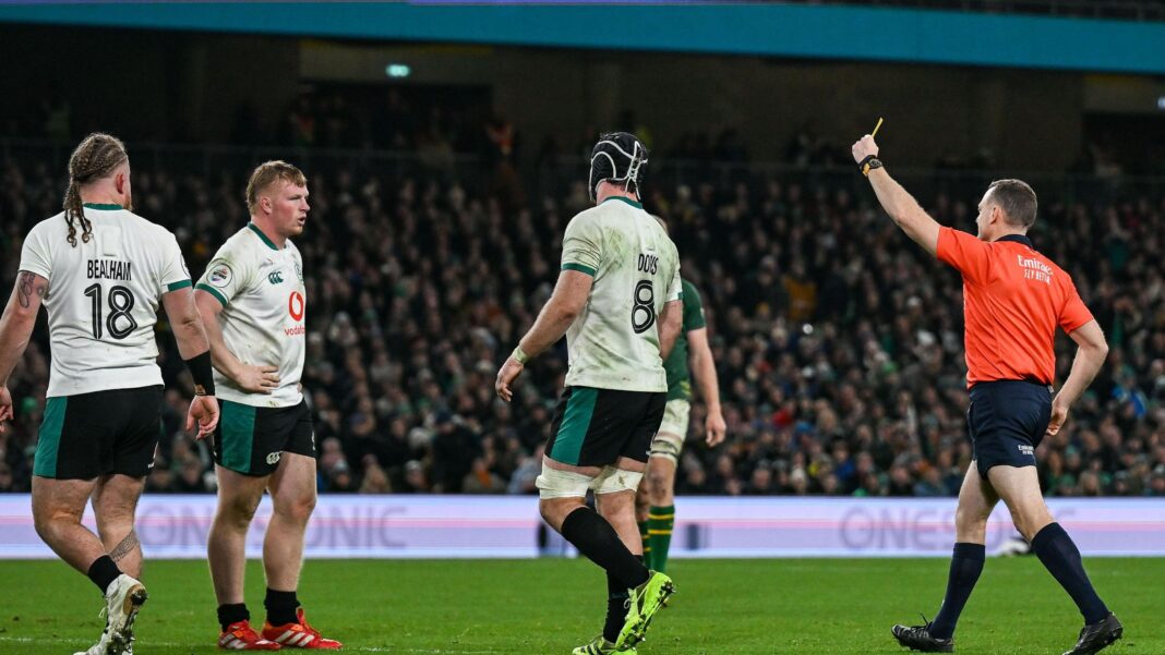 Key questions as Farrell set to name Ireland squad Paddy McCarthy is shown a yellow card