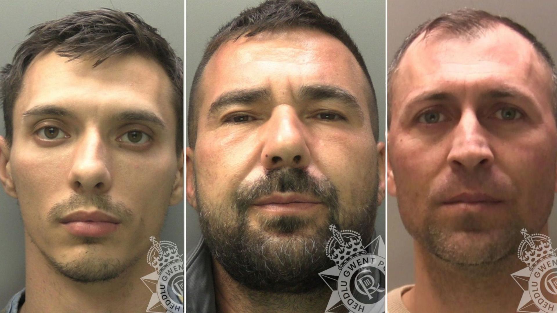 A composite image of three mugshot of men. They all look at the camera. The one on the left has a short brown hair and a moustache and a little stubble on his beard. The one in the middle has short dark brown hair and a moustache and beard. The one on the right has short brown hair a stubbly beard.