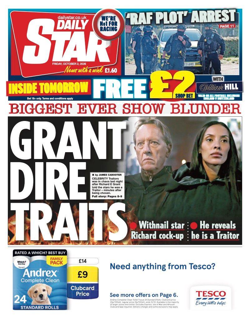 The headline on the front page of the Daily Star reads: “Grant dire traits”.