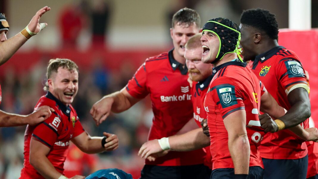 Munster’s Alex Kendellen celebrates scoring his sides fourth try