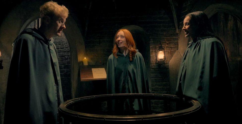 James Acaster, Hannah Fry and Maya Jama in the turret on Celebrity Traitors