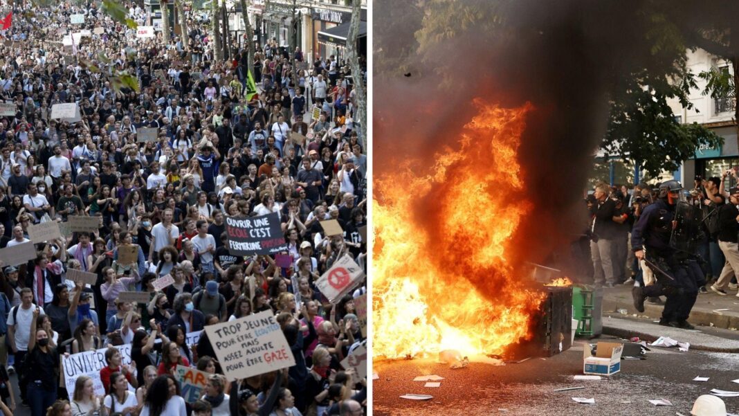 Watch: France halts use of stun grenades after boy’s hand blown off in student protests Composite image of peaceful protesters and a bin set on fire in Paris