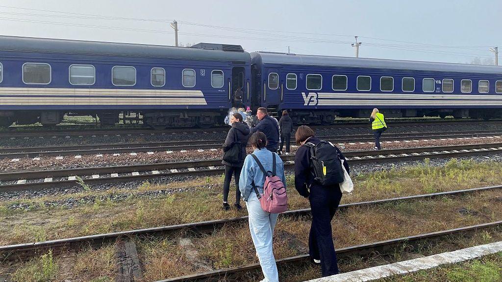 A small group of about five or six passengers walk across a grassy railway track towards a stationary train