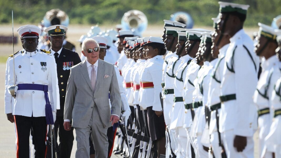 King acknowledges ‘suffering of the past’ as Caribbean tour begins King Charles, wearing a grey suit and sunglasses, arrives at Lynden Pindling International Airport.