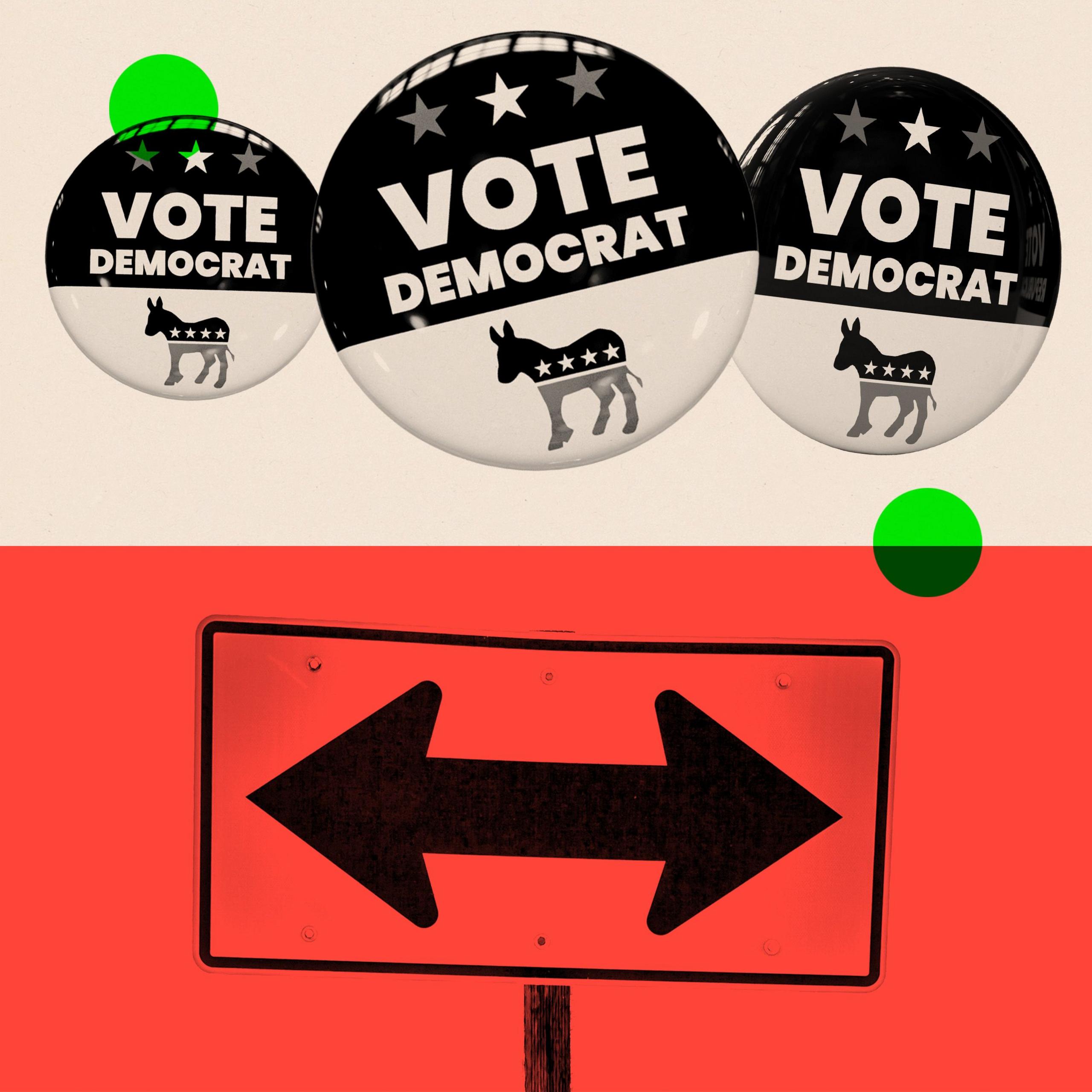 A split image of three badges saying 'Vote Democrat' on the top and two arrows pointing in opposite directions on the bottom