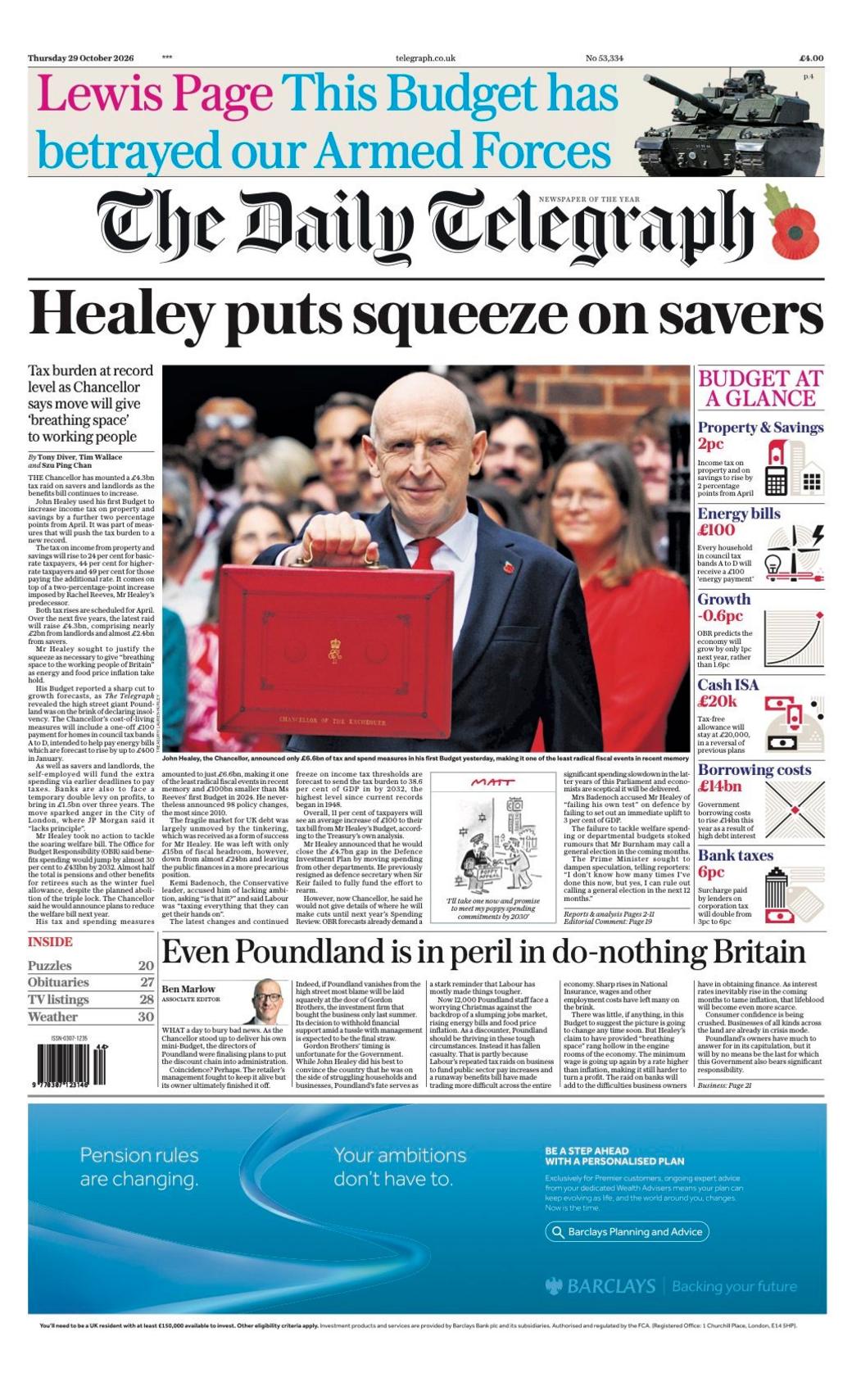 The headline on the front page of the Daily Telegraph reads: 'Healey puts squeeze on savers.'