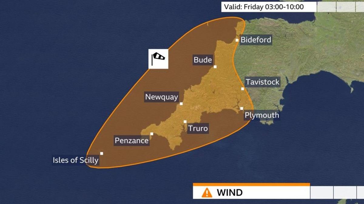 A map showing the Met Office amber warning area.