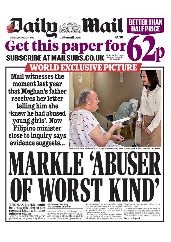 The headline on the front of the Daily Mail reads: "Markle 'abuser of worst kind'".