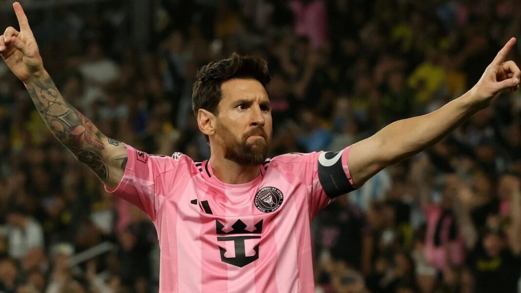 Two icons, a glorious farewell and a potentially bitter ending Lionel Messi celebrates while playing for Inter Miami in the MLS, wearing their pink kit and stretching out his arms upwards with index fingers pointing