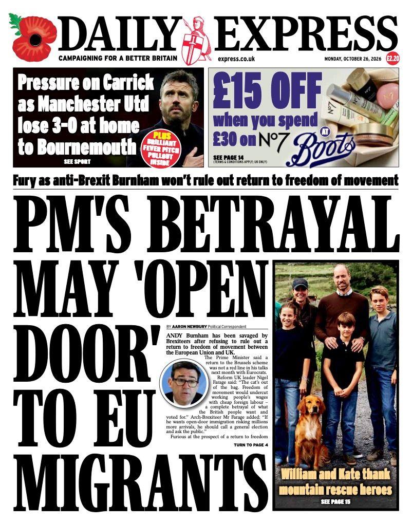 The headline on the front page of the Daily Express reads: "PM's betrayal may 'open door' to EU migrants".