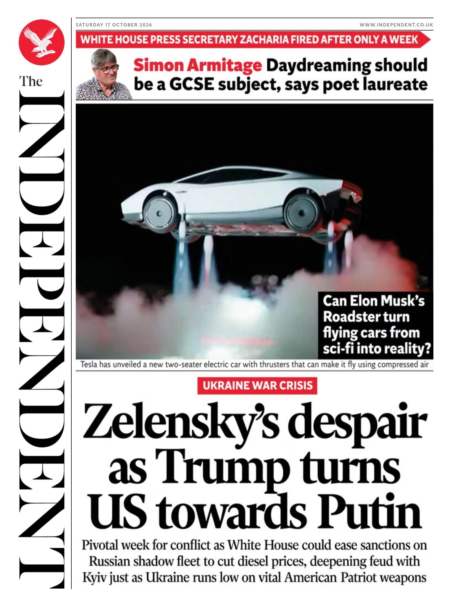 The headline on the front page of the Independent reads: “Zelensky's despair as Trump turns US towards Putin”.