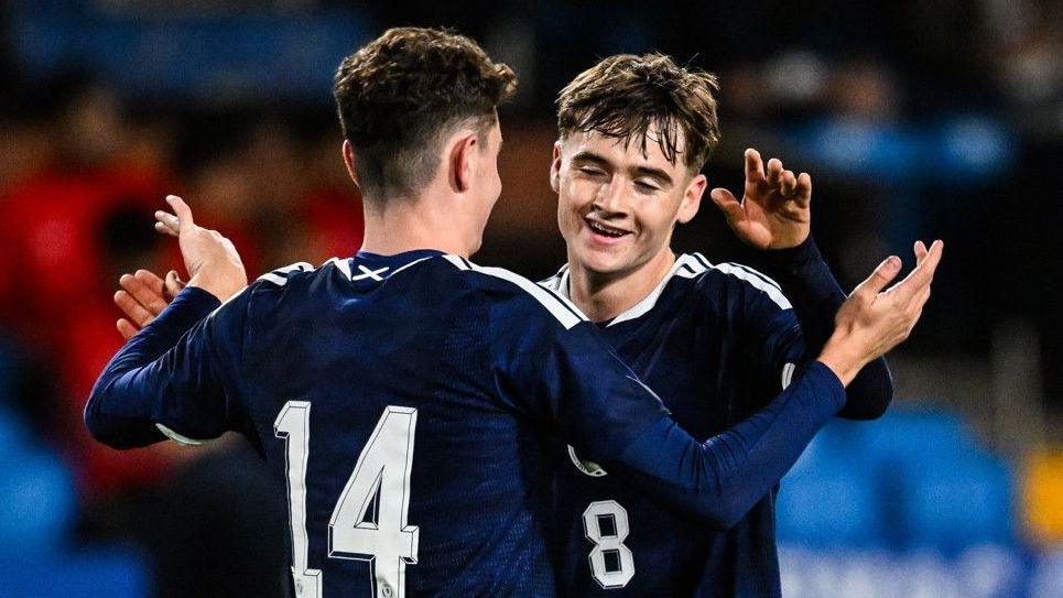 Bobby Wales and Findlay Curtis (R) celebrate during Scotland Under-21s' win over Azerbaijan