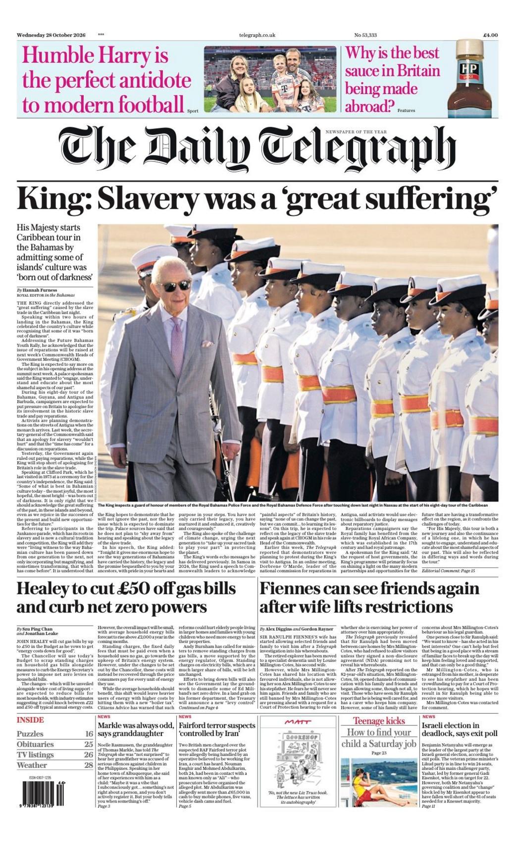 The headline on the front page of the Telegraph reads: "King: Slavery was a 'great suffering'".