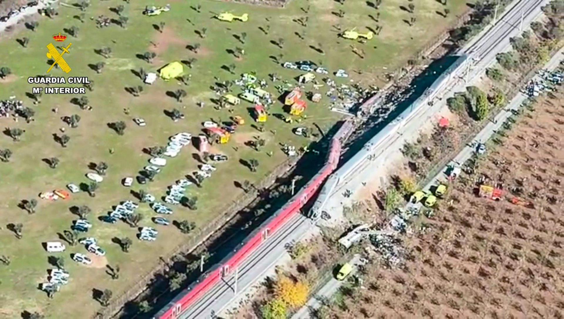Aerial shot showing the track where two trains have collided.