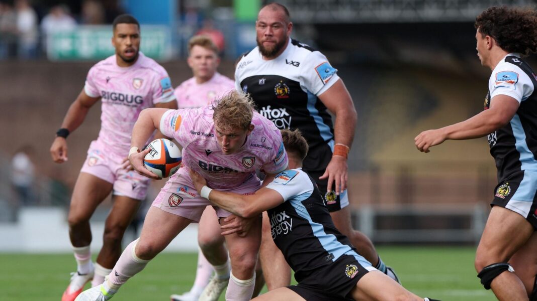 Jac Morgan is tackled during Gloucester Rugby's game against Exeter Chiefs in September