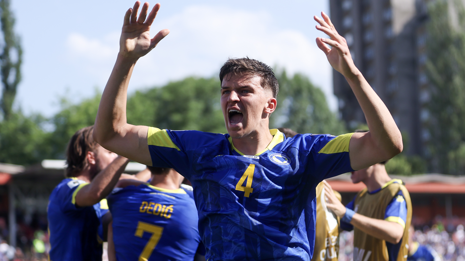 Tarik Muharemovic celebrates a Bosnia-Herzegovina goal against San Marino in 2025