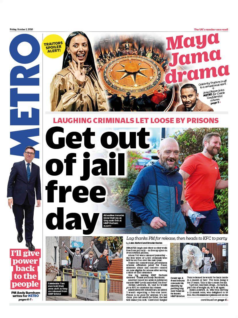 The headline on the front page of the Metro reads: “Get out of jail free day”.