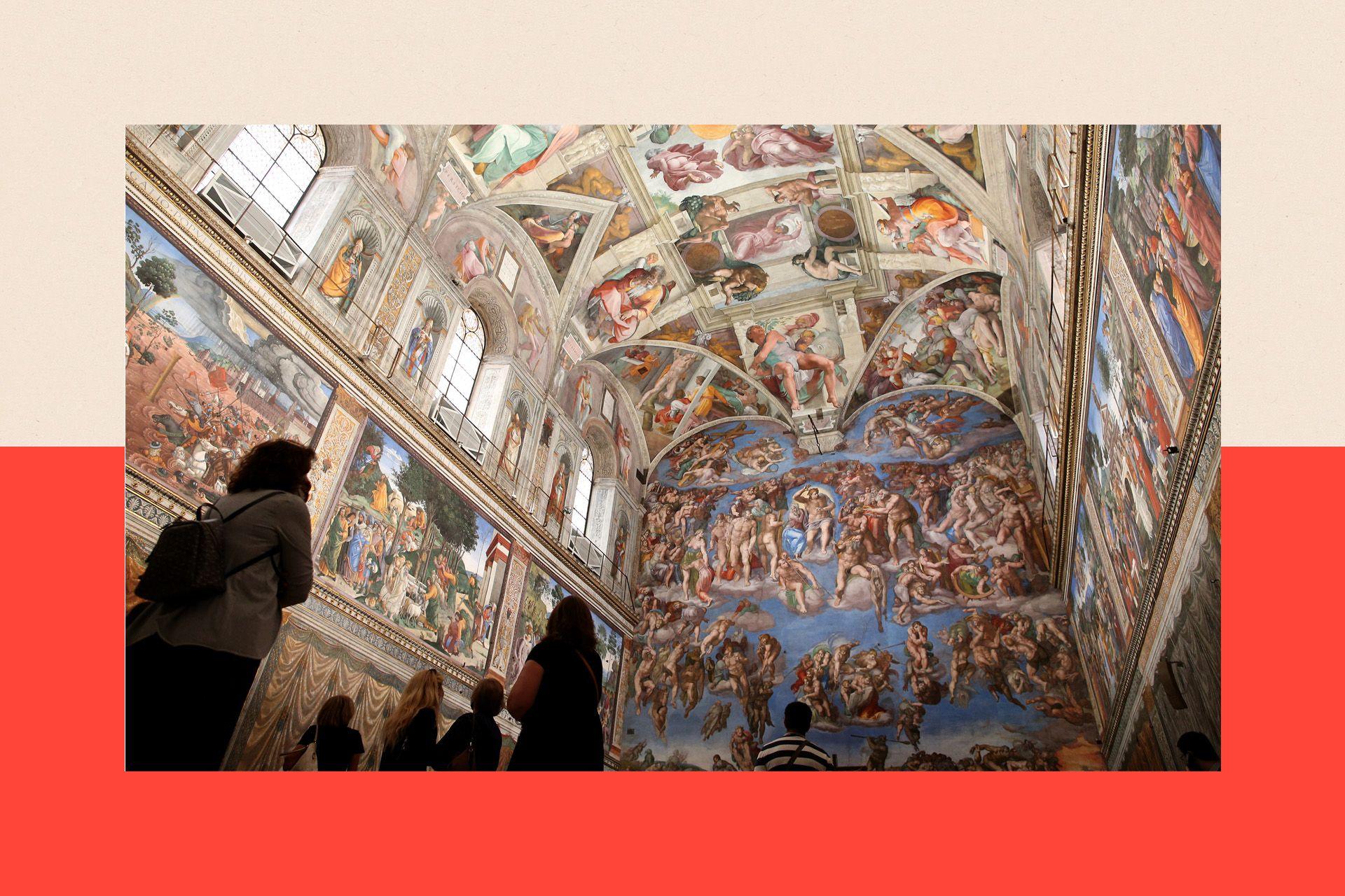 Visitors view the Sistine Chapel frescoes at the Vatican Museums on June 01, 2020 in Vatican City, Vatican.