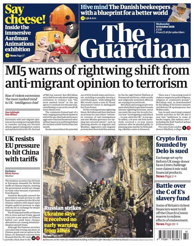 "MI5 warns of rightwing shift from anti-migrant opinion to terrorism" reads the headline on the front page of the Guardian.