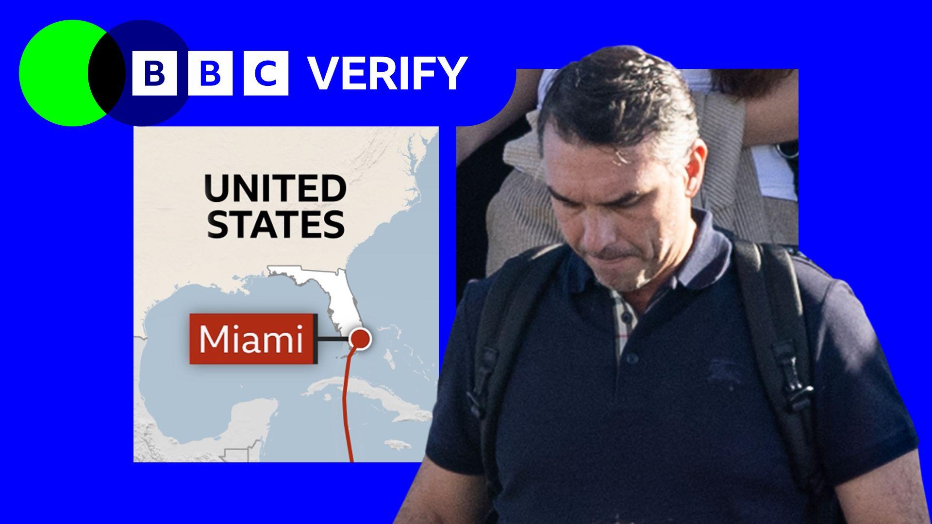 A composite featuring two images. On the left is a map of the United States with Miami highlighted, on the right is a still of Flávio Bolsonaro, with his head down, disembarking a plane, in a BBC Verify branded border.