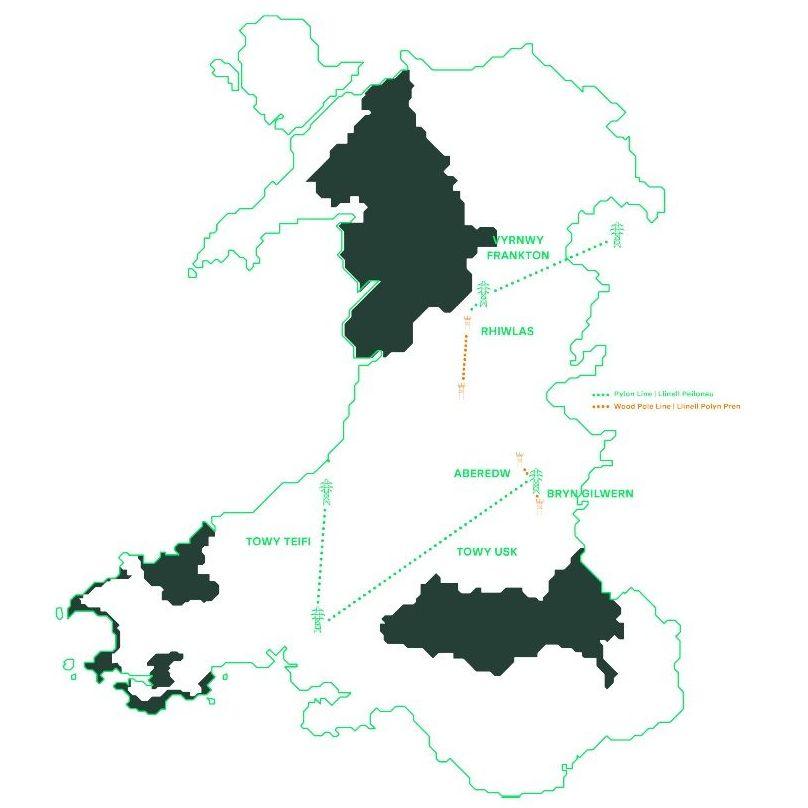 A Green GEN Cymru graphic map of Wales showing their proposed pylon routes. One stretches diagonally from mid Wales across the border to Shropshire. One goes from south west wales up in a straight line to Ceredigion, and one stretches from the same point to Powys, near the border with England.