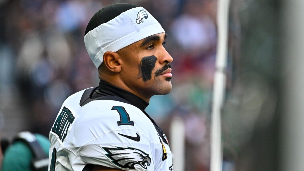 Philadelphia Eagles quarterback Jalen Hurts looks on during a game against the Jacksonville Jaguars