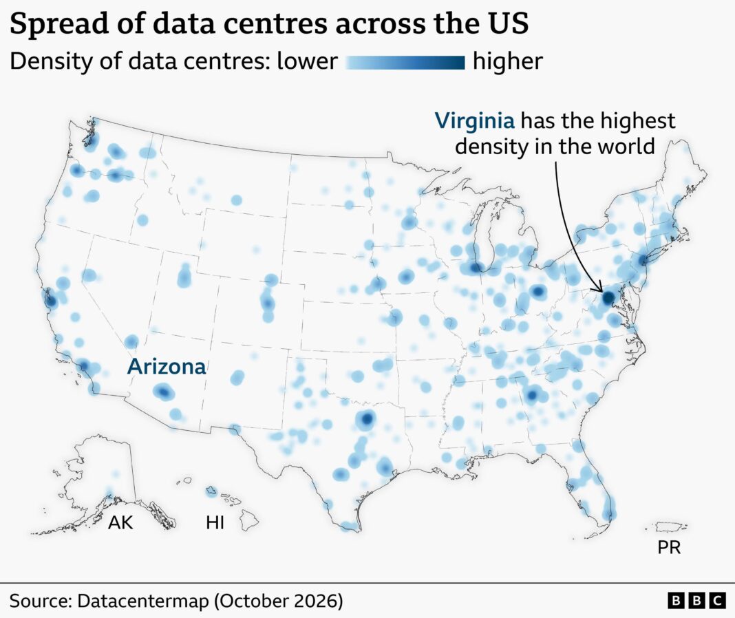 How backlash against data centres could shape the US midterm elections Map of the United States showing the density of data centres using blue shaded clusters, with darker blue indicating higher concentrations. Data centres are spread across the country but are most densely concentrated in northern Virginia, highlighted by an annotation stating that Virginia has the highest density. Other notable clusters appear around major metropolitan areas in the north-east, Great Lakes region, Texas, Florida, California, Washington state and Arizona. A colour scale at the top shows density ranging from lower to higher. Source: Datacentermap (October 2026).