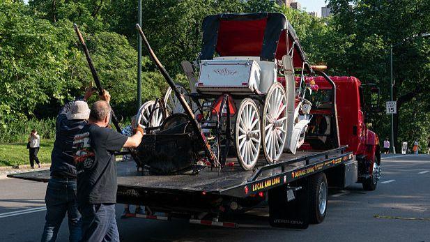 A damaged horse carriage is pictured being removed from Central Park on a truck