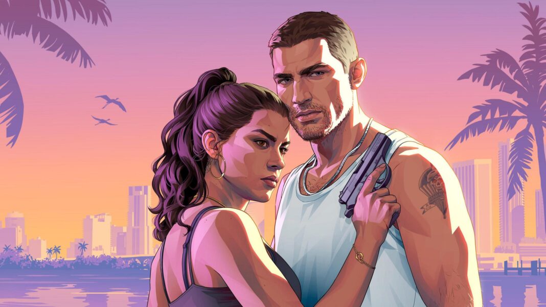 Cover art image for GTA 6 showing playable characters Jason, in a white vest top and chain, and Lucia, with a gun