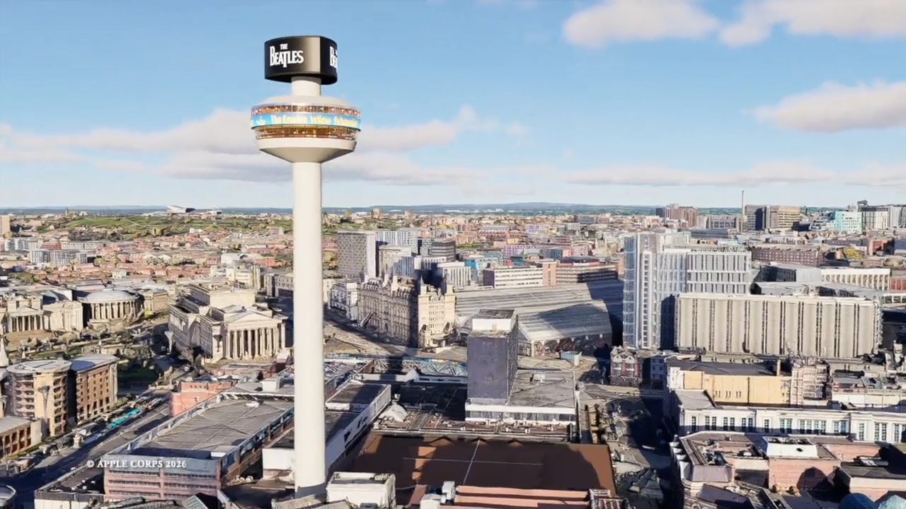 An CGI impression of how St Johns beacon could look features a large black banner with The Beatles logo in white writing.