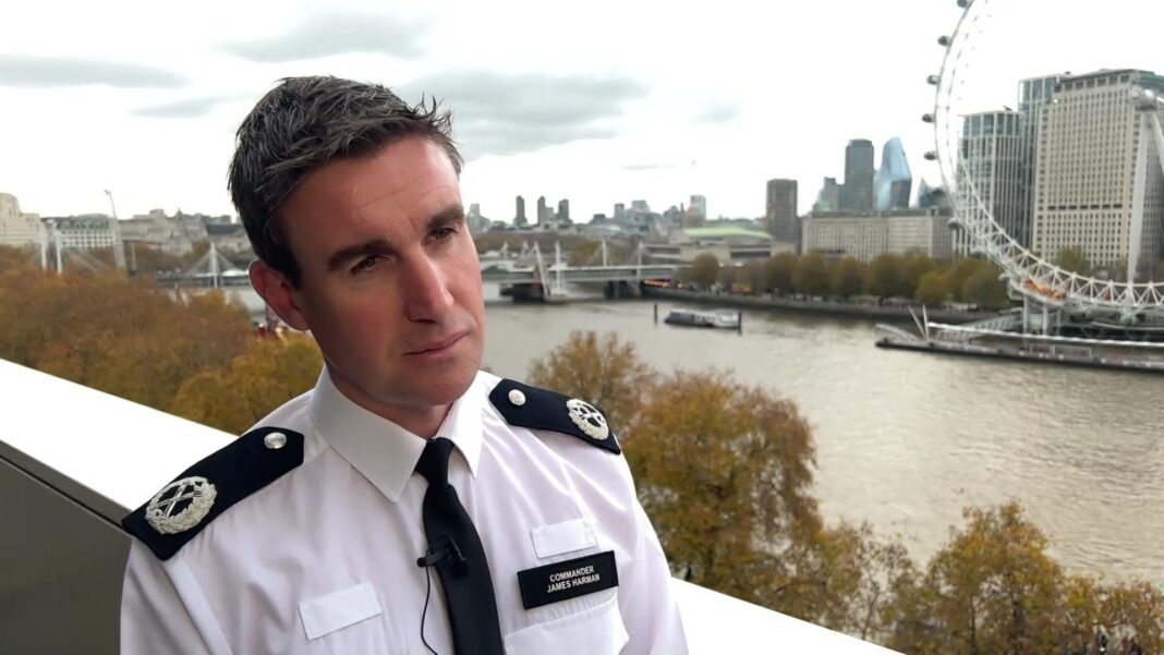 Met Police urge students to move 7 October protest Deputy Assistant Commissioner James Harman is wearing a police uniform and standing with the River Thames behind him.