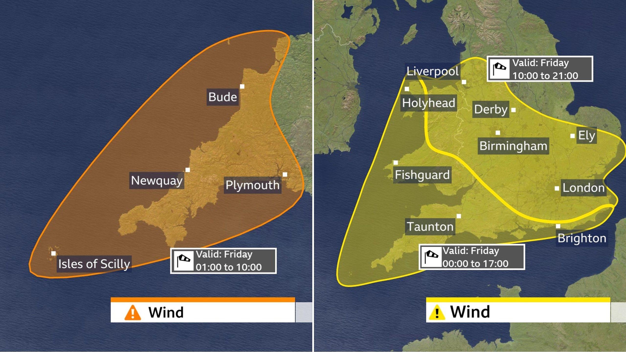 A photo showing areas covered by wind warnings for storm Austen